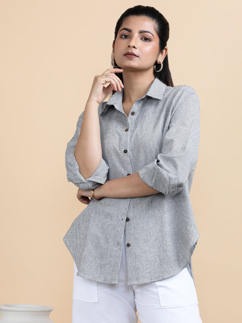 Camila x Soma | Relaxed Women's Shirt in Checkmate Grid Handloom Khadi Cotton-Binks
