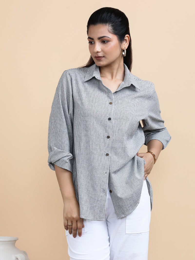 Camila x Soma | Relaxed Women's Shirt in Checkmate Grid Handloom Khadi Cotton-Binks
