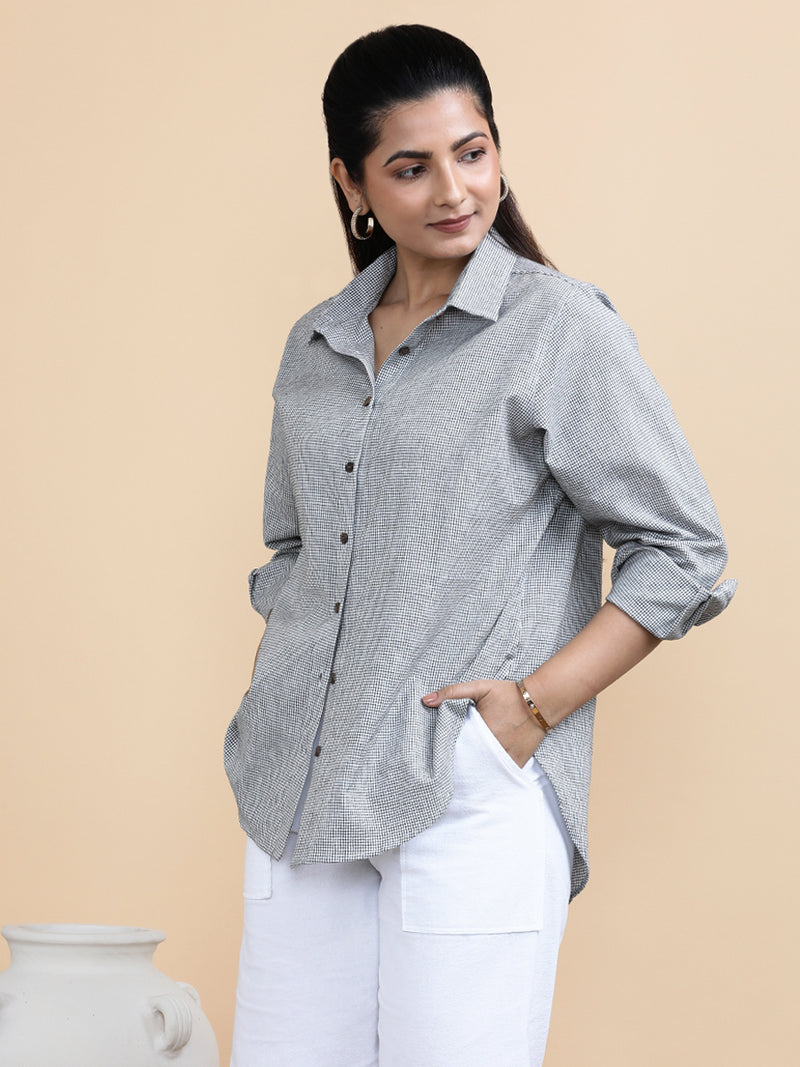 Camila x Soma | Relaxed Women's Shirt in Checkmate Grid Handloom Khadi Cotton-Binks