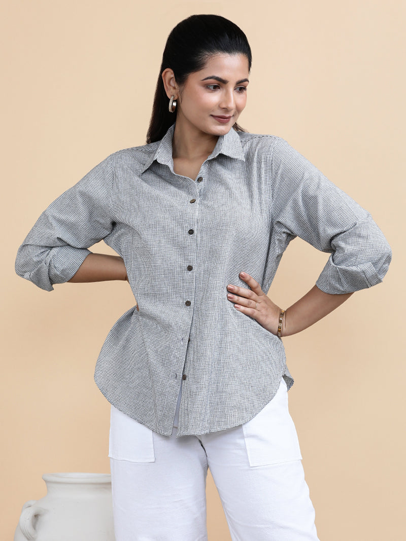 Camila x Soma | Relaxed Women's Shirt in Checkmate Grid Handloom Khadi Cotton-Binks