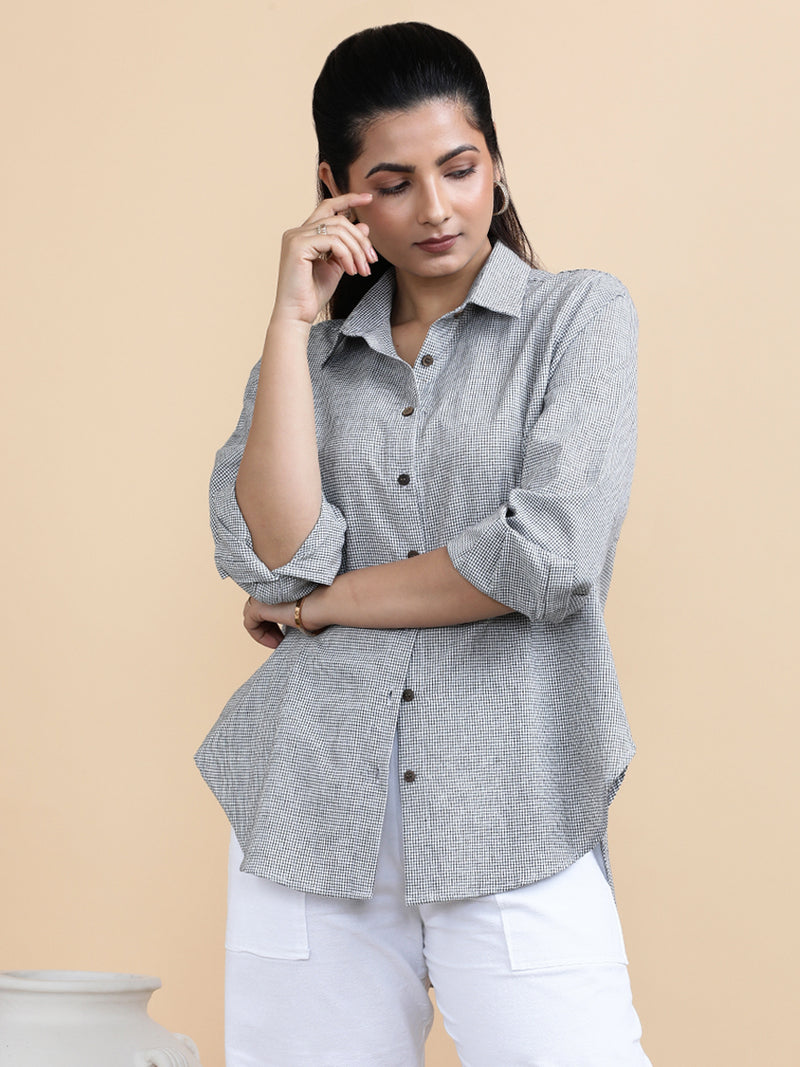Camila x Soma | Relaxed Women's Shirt in Checkmate Grid Handloom Khadi Cotton-Binks