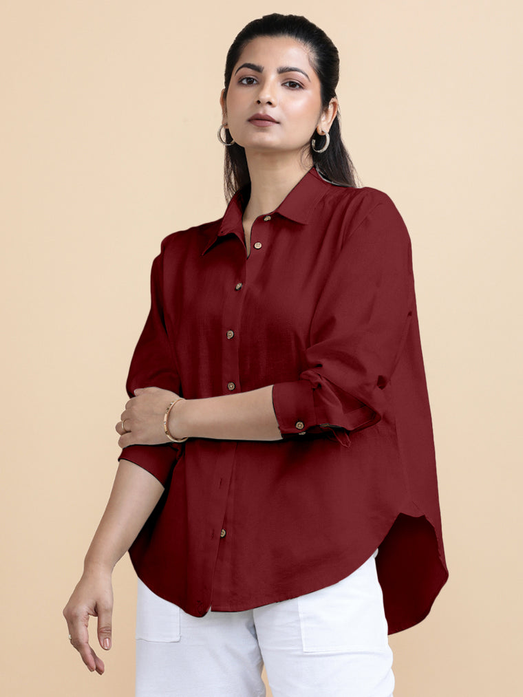Cecilia x Soma Shirt, in Red 70% Cotton 30% Linen, featuring full sleeves and regular collar neckline, made for daily & work.