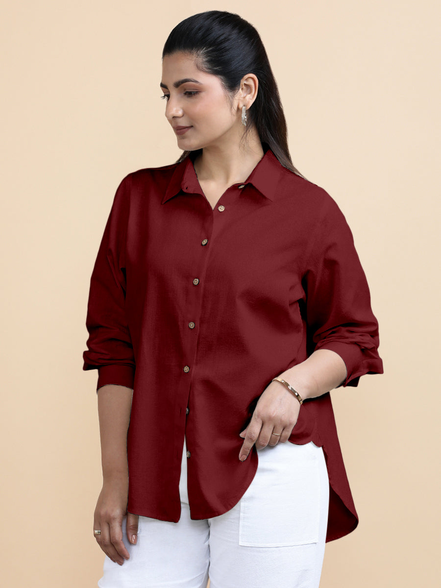 Cecilia x Soma Shirt, in Red 70% Cotton 30% Linen, featuring full sleeves and regular collar neckline, made for daily & work.