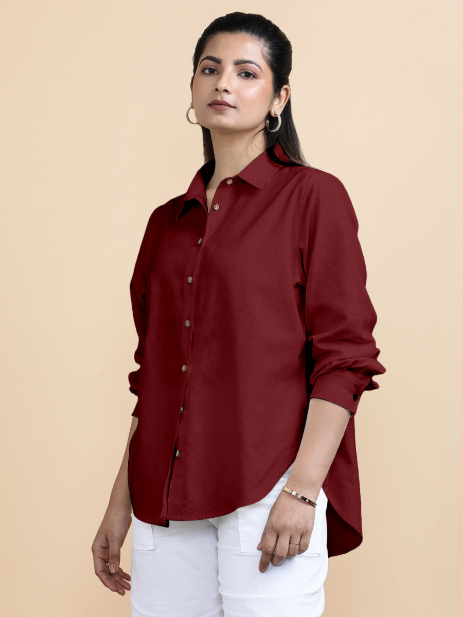 Cecilia x Soma Shirt, in Red 70% Cotton 30% Linen, featuring full sleeves and regular collar neckline, made for daily & work.