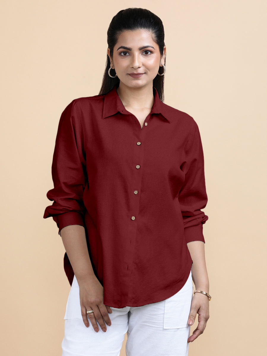 Cecilia x Soma Shirt, in Red 70% Cotton 30% Linen, featuring full sleeves and regular collar neckline, made for daily & work.