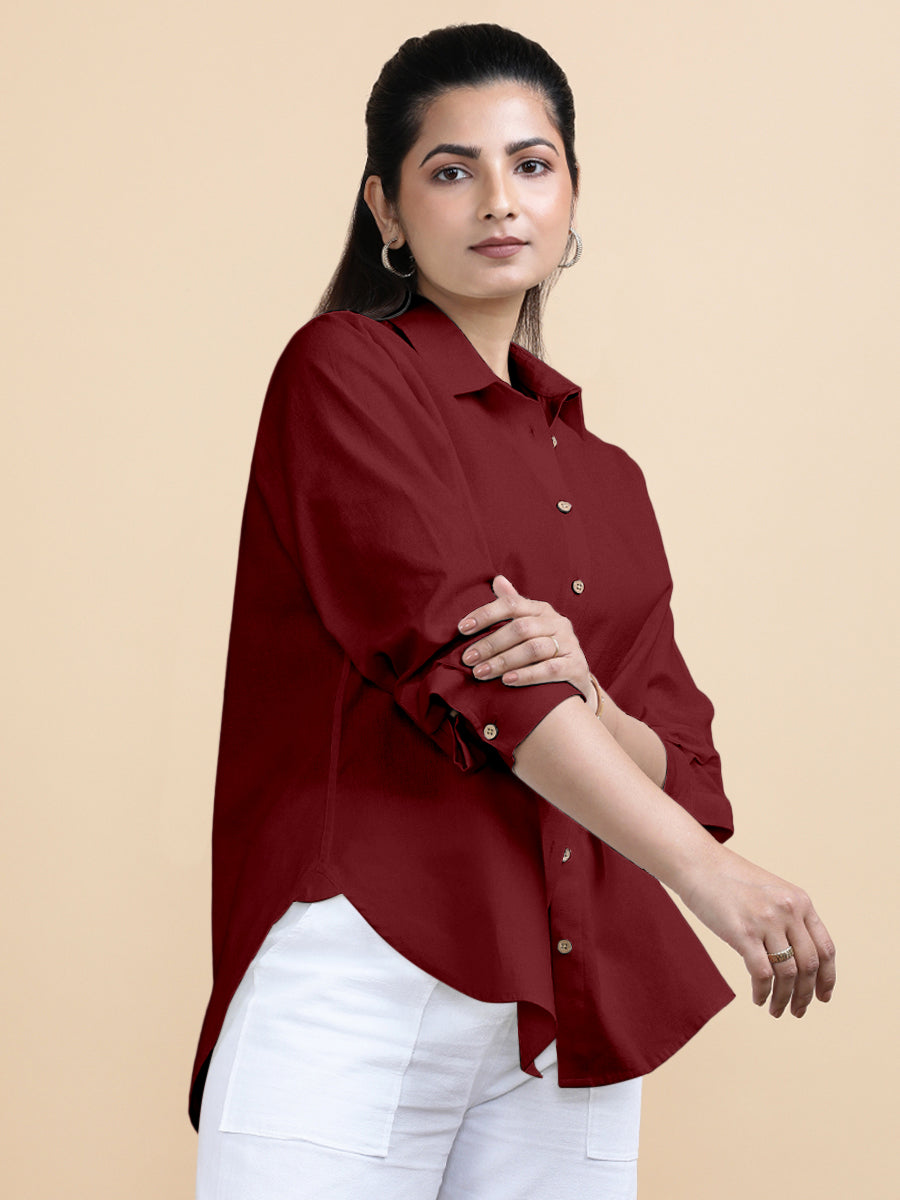 Cecilia x Soma Shirt, in Red 70% Cotton 30% Linen, featuring full sleeves and regular collar neckline, made for daily & work.