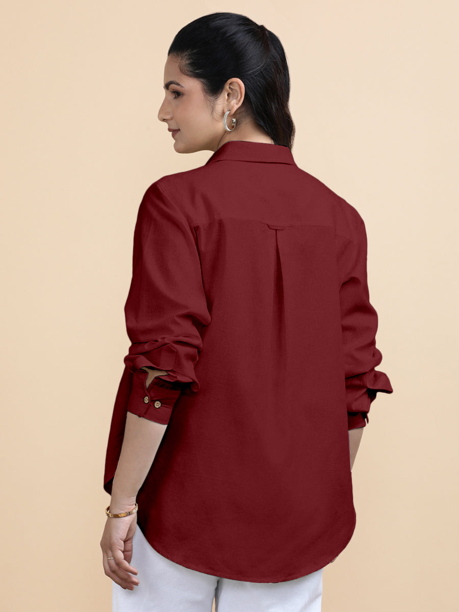 Cecilia x Soma Shirt, in Red 70% Cotton 30% Linen, featuring full sleeves and regular collar neckline, made for daily & work.