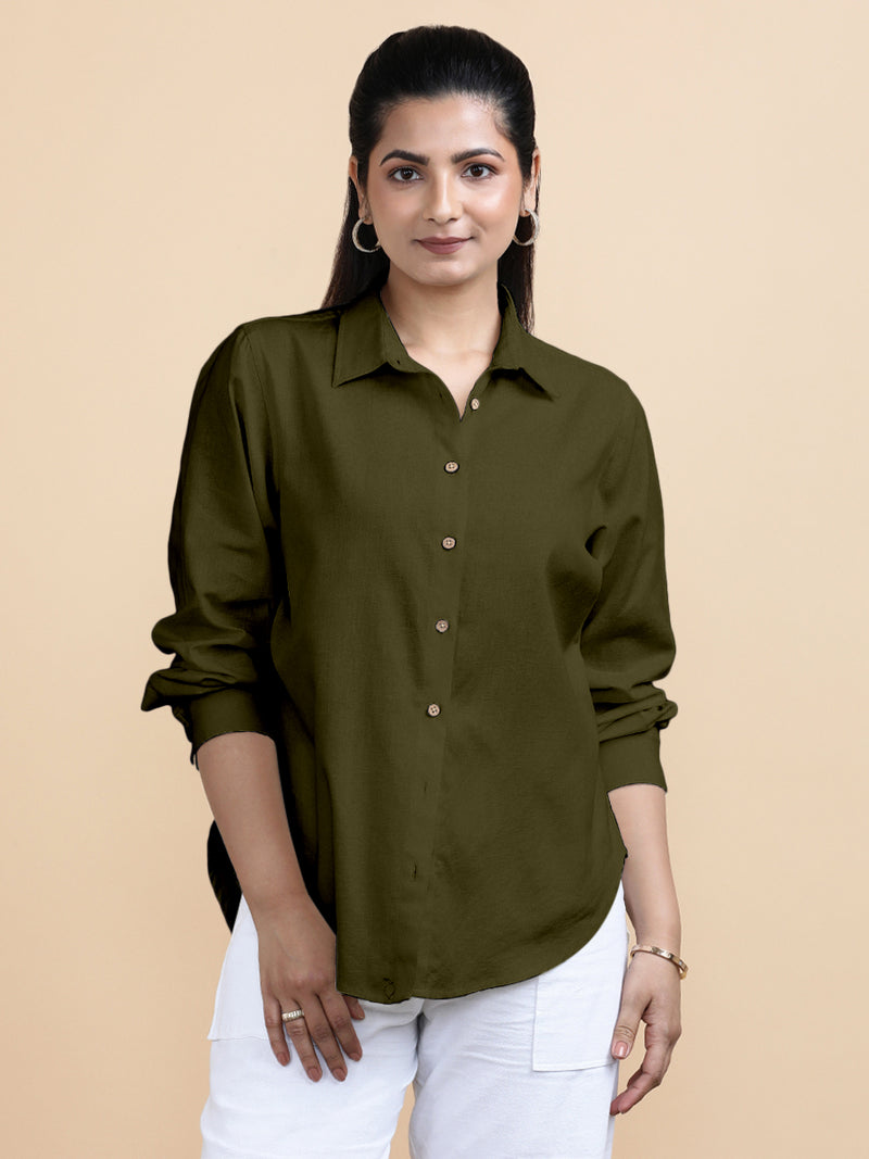 Cecilia x Soma | Relaxed Women's Shirt in Deep Olive Green Linen-Binks