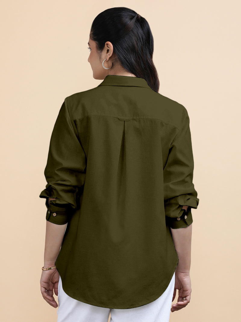Cecilia x Soma | Relaxed Women's Shirt in Deep Olive Green Linen-Binks