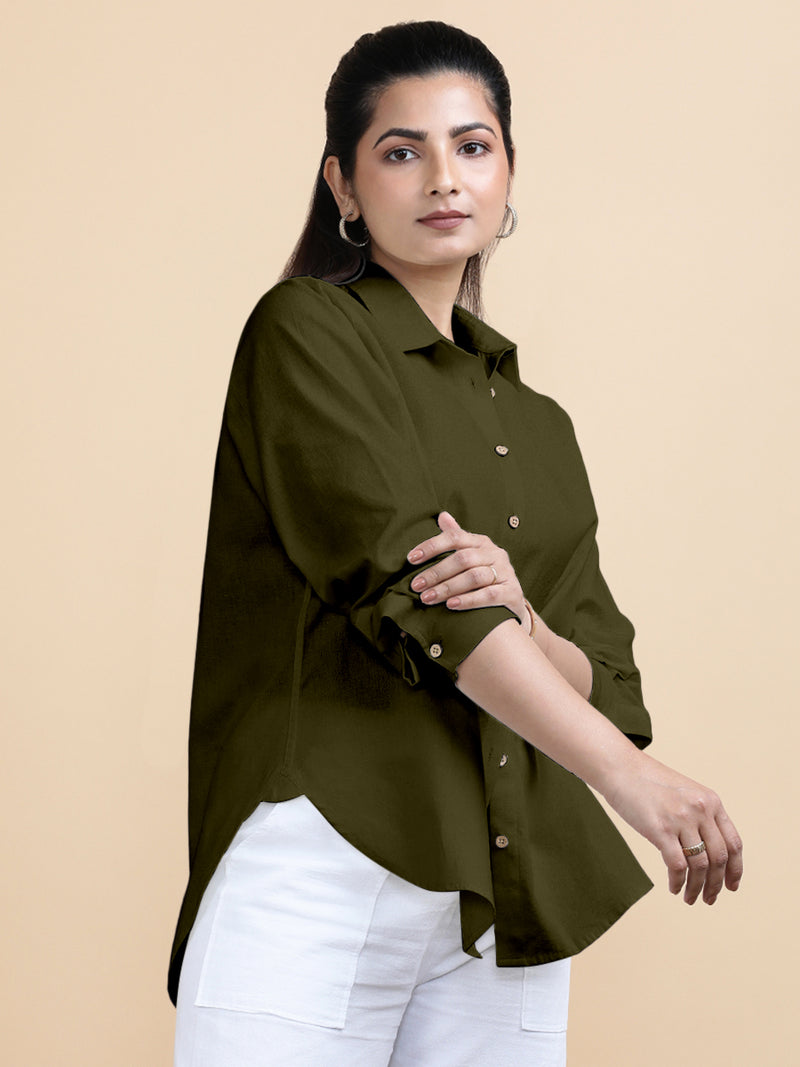 Cecilia x Soma | Relaxed Women's Shirt in Deep Olive Green Linen-Binks