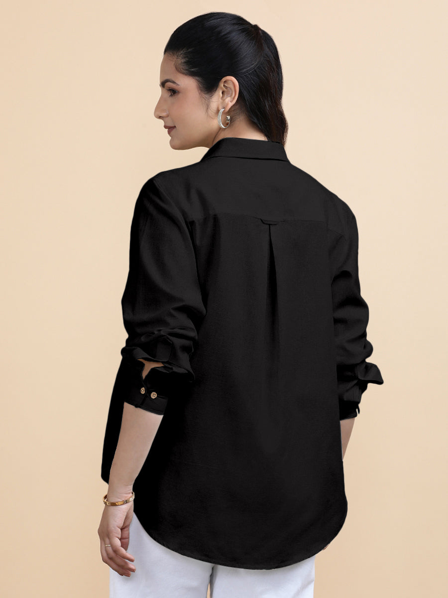 Cecilia x Soma Shirt, in Black 70% Cotton 30% Linen, featuring full sleeves and regular collar neckline (view 8).