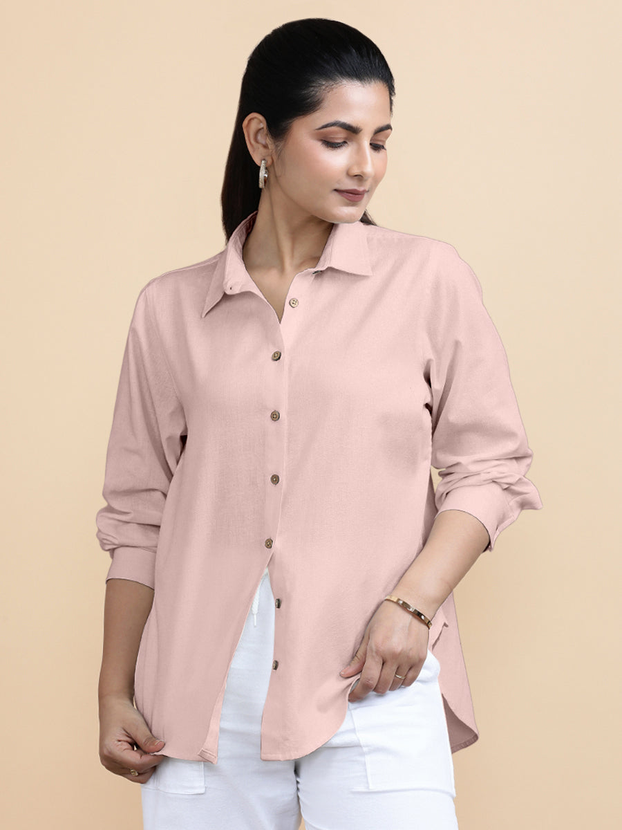 Cecilia x Soma Shirt, in Pink 70% Cotton 30% Linen, featuring full sleeves and regular collar neckline (view 3).