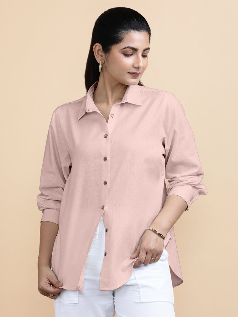 Cecilia x Soma Shirt, in Pink 70% Cotton 30% Linen, featuring full sleeves and regular collar neckline (view 3).