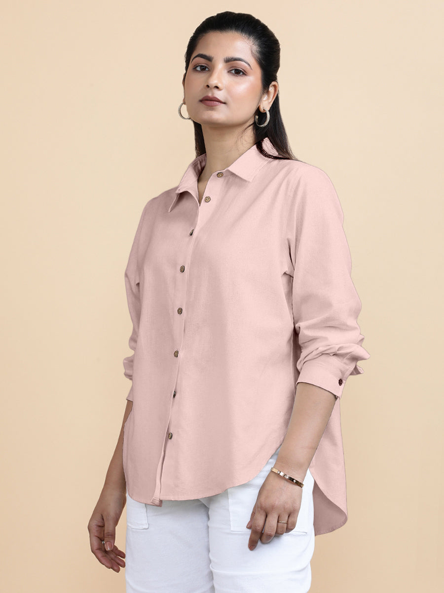 Cecilia x Soma Shirt, in Pink 70% Cotton 30% Linen, featuring full sleeves and regular collar neckline (view 5).