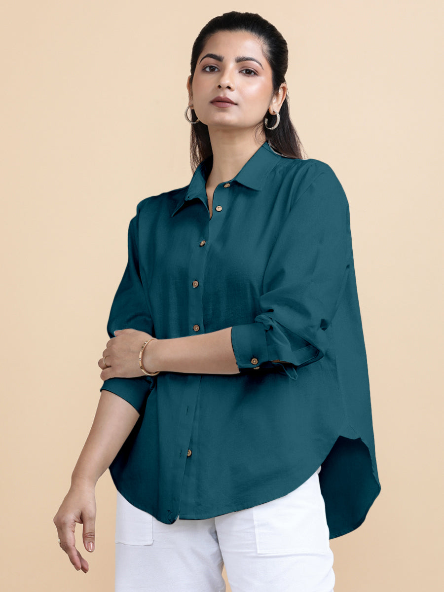 Cecilia x Soma Shirt, in Blue 70% Cotton 30% Linen, featuring full sleeves and regular collar neckline (view 4).