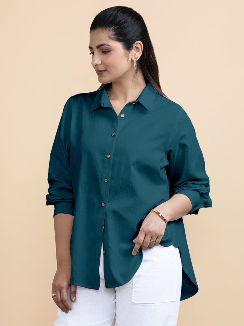 Cecilia x Soma | Relaxed Women's Shirt in Teal Blue Linen-Binks