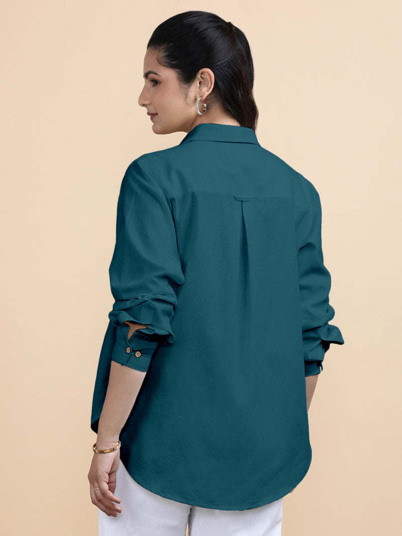 Cecilia x Soma | Relaxed Women's Shirt in Teal Blue Linen-Binks