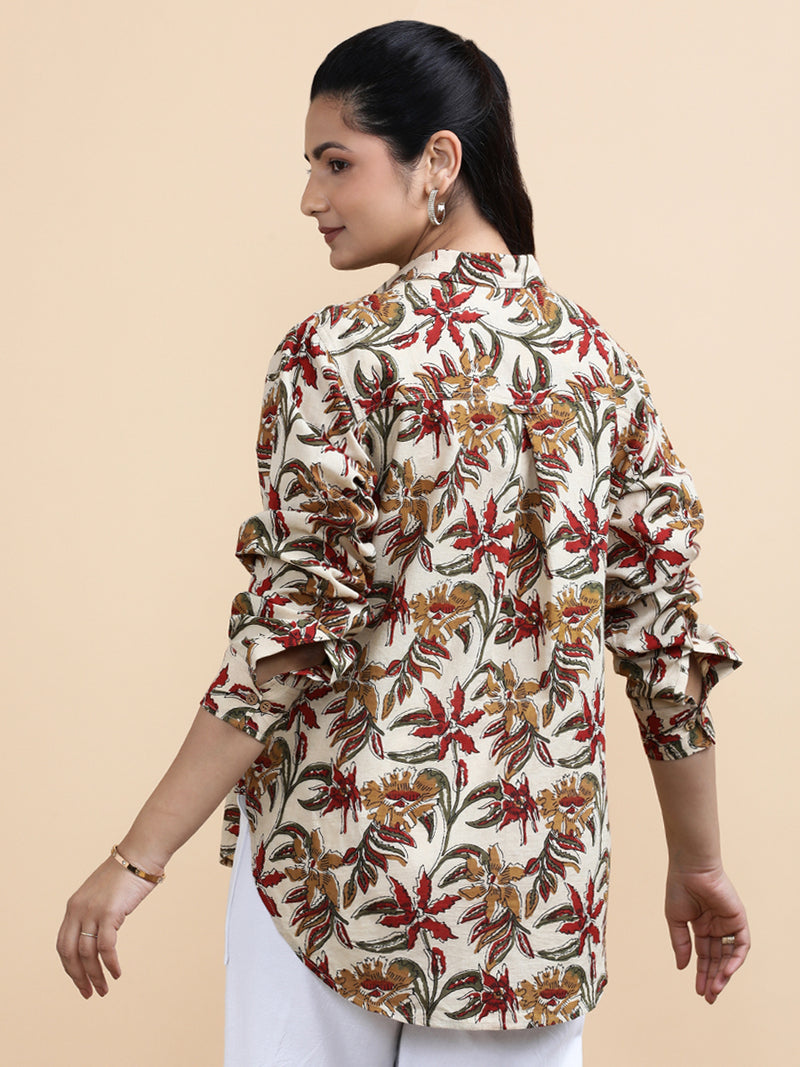Charlotte x Soma | Relaxed Women's Shirt in Cream Blossom Block Print Cotton-Binks