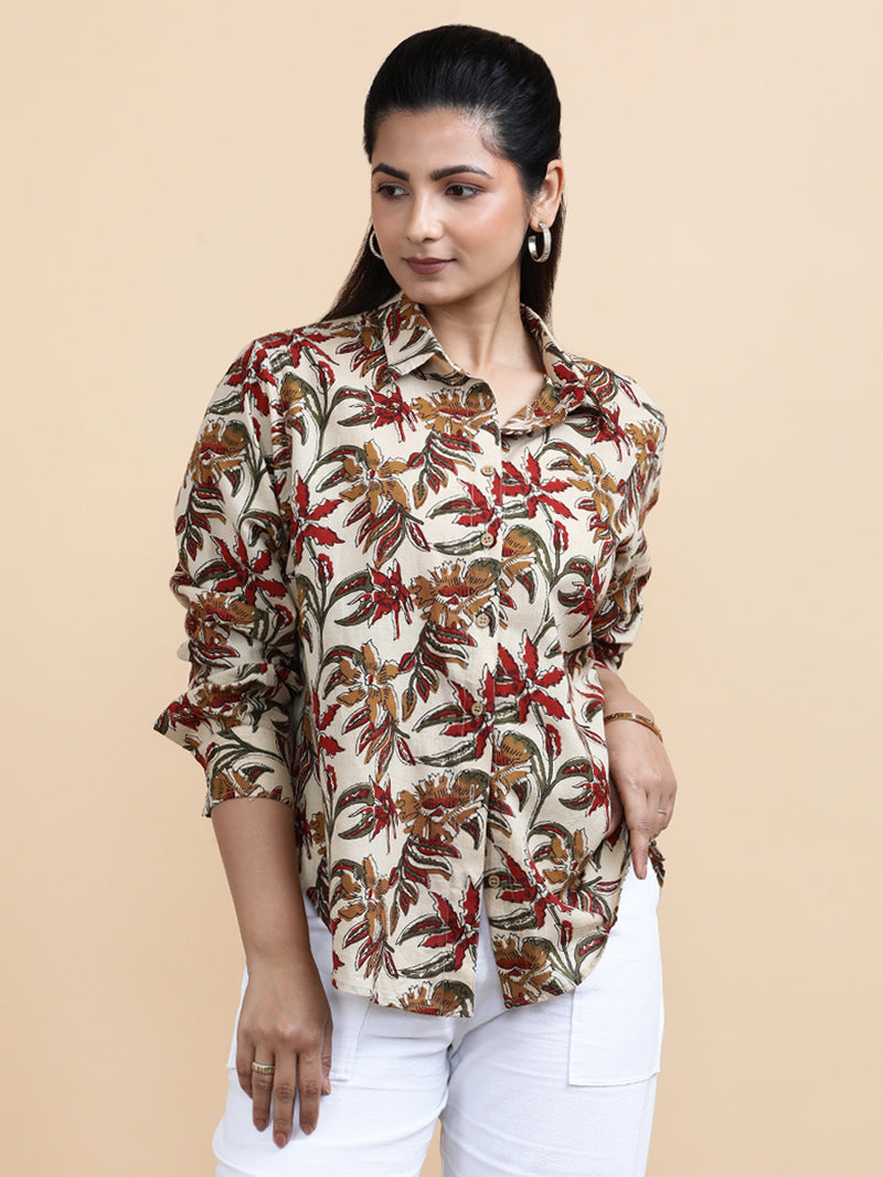 Charlotte x Soma | Relaxed Women's Shirt in Cream Blossom Block Print Cotton-Binks