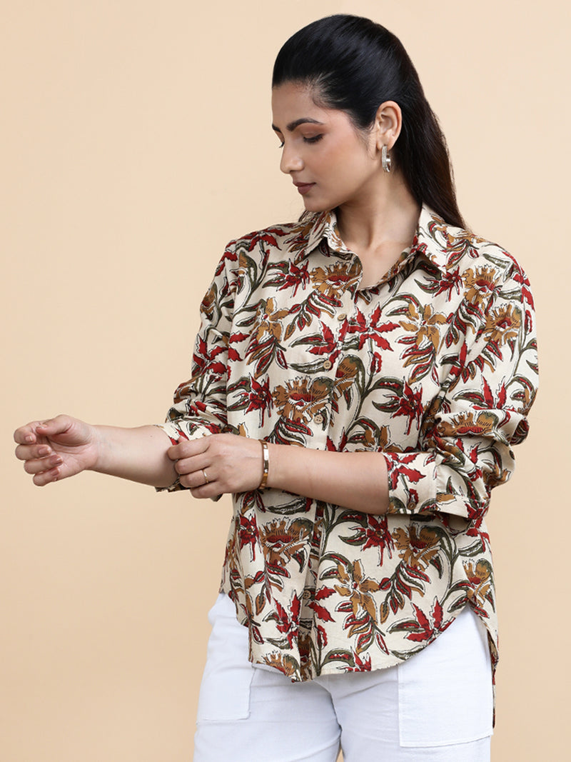 Charlotte x Soma | Relaxed Women's Shirt in Cream Blossom Block Print Cotton-Binks