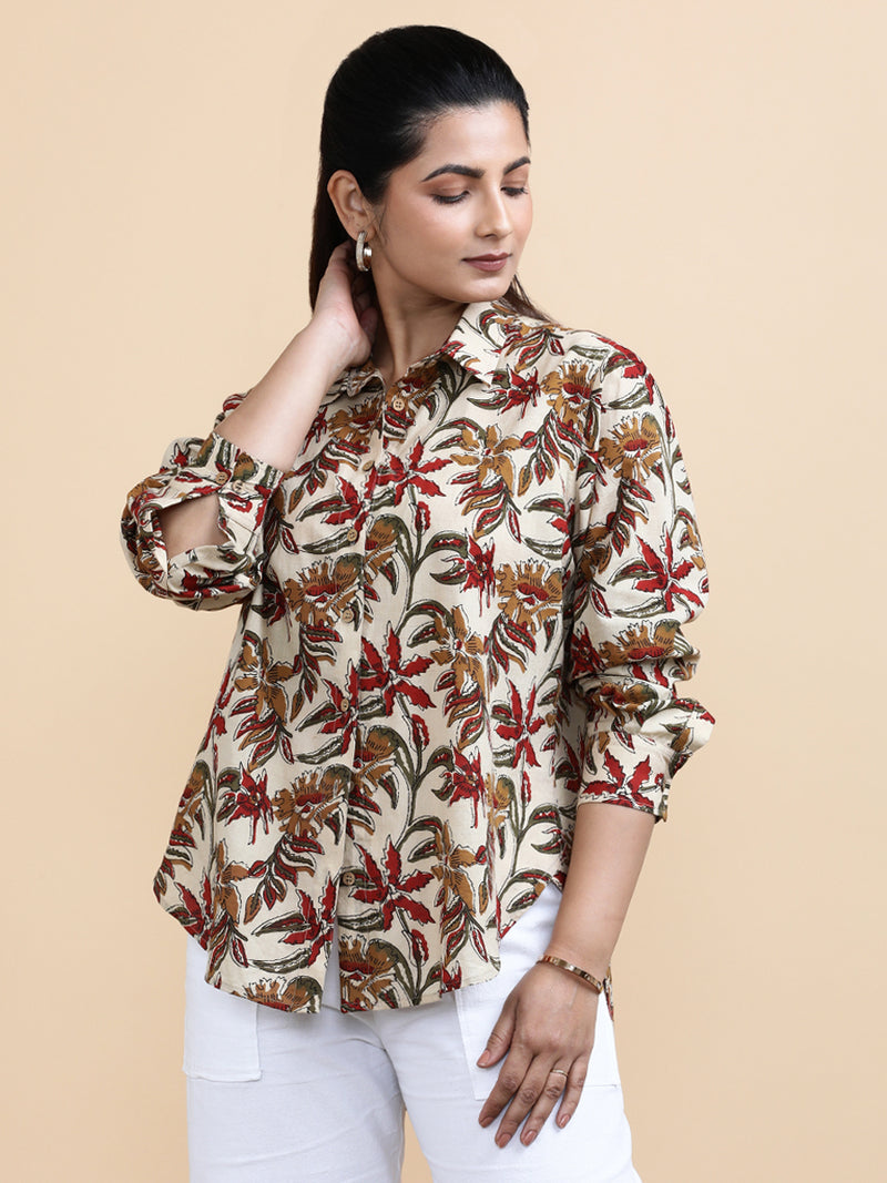 Charlotte x Soma | Relaxed Women's Shirt in Cream Blossom Block Print Cotton-Binks