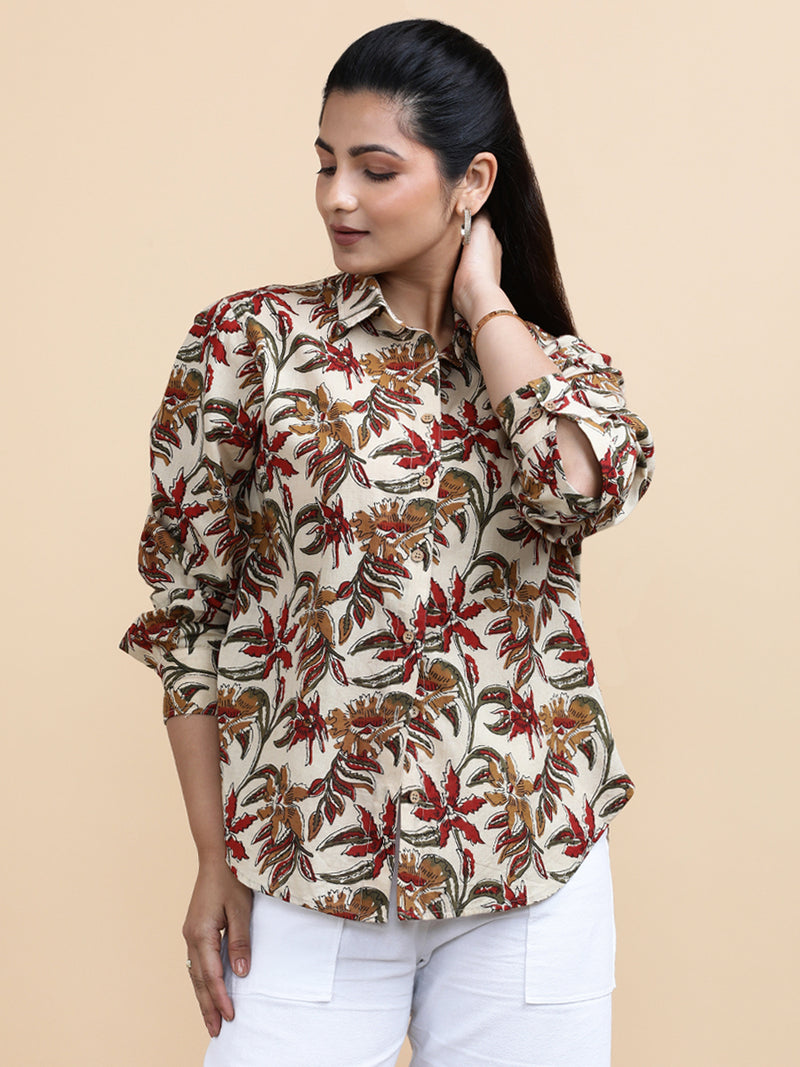 Charlotte x Soma | Relaxed Women's Shirt in Cream Blossom Block Print Cotton-Binks