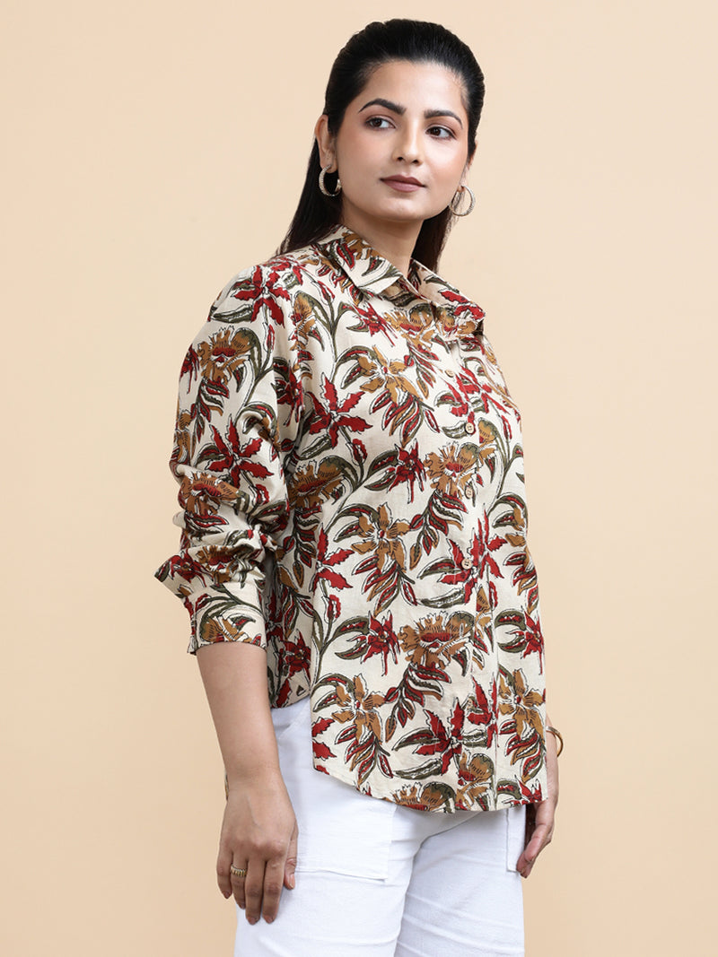 Charlotte x Soma | Relaxed Women's Shirt in Cream Blossom Block Print Cotton-Binks
