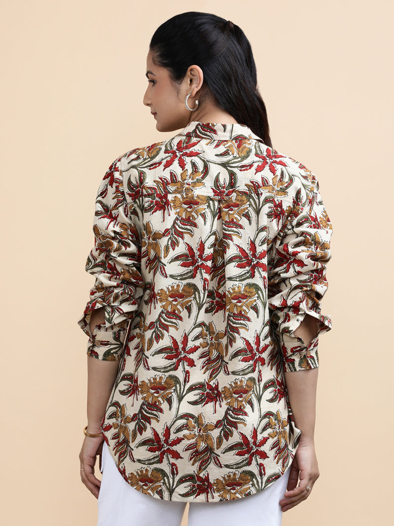Charlotte x Soma | Relaxed Women's Shirt in Cream Blossom Block Print Cotton-Binks