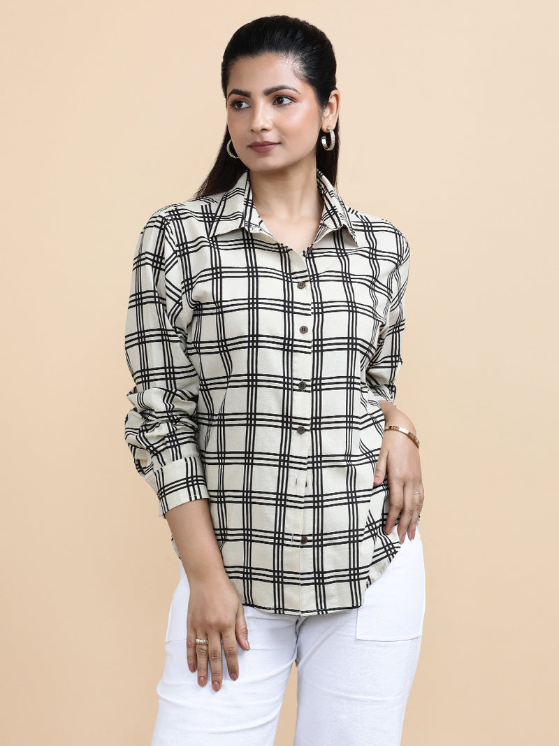 Chloe x Soma | Relaxed Women's Shirt in Cream Windowpane Check Block Print Cotton-Binks