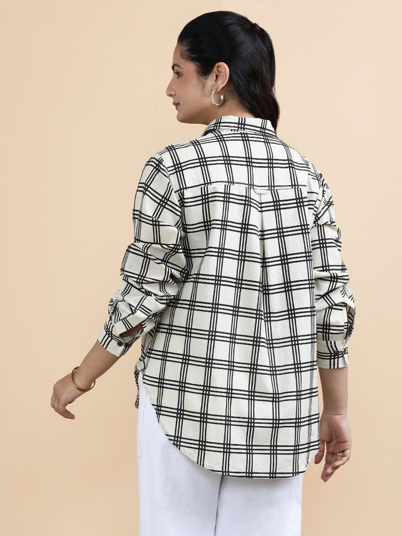 Chloe x Soma | Relaxed Women's Shirt in Cream Windowpane Check Block Print Cotton-Binks