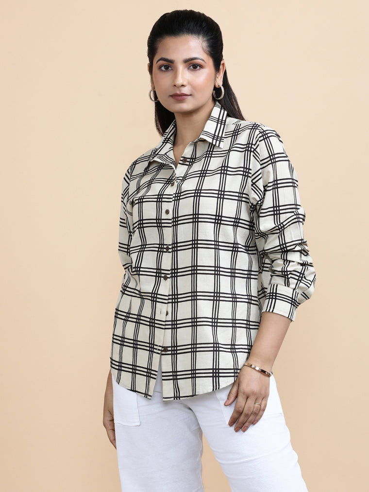 Chloe x Soma Shirt, in Cream 100% Cotton, featuring full sleeves and regular collar neckline, made for daily & work (view 3).