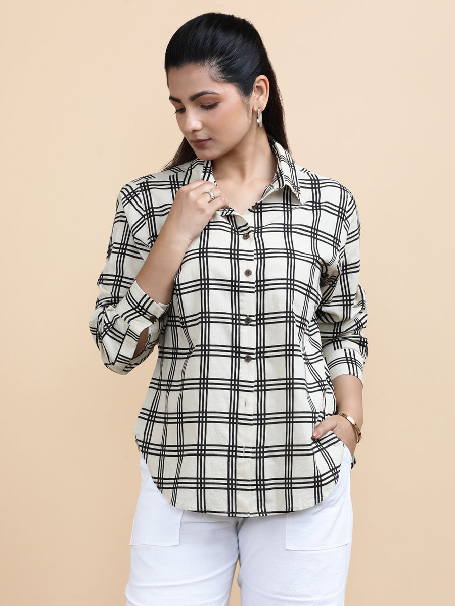 Chloe x Soma Shirt, in Cream 100% Cotton, featuring full sleeves and regular collar neckline, made for daily & work (view 4).