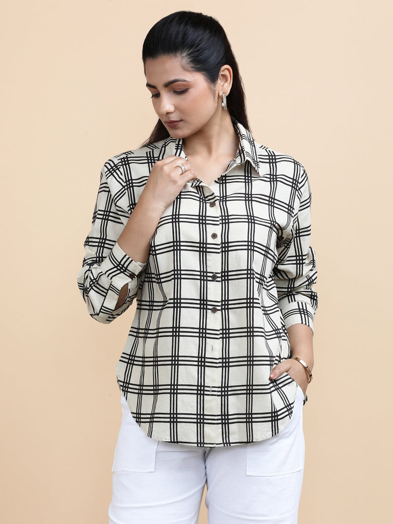 Chloe x Soma | Relaxed Women's Shirt in Cream Windowpane Check Block Print Cotton-Binks