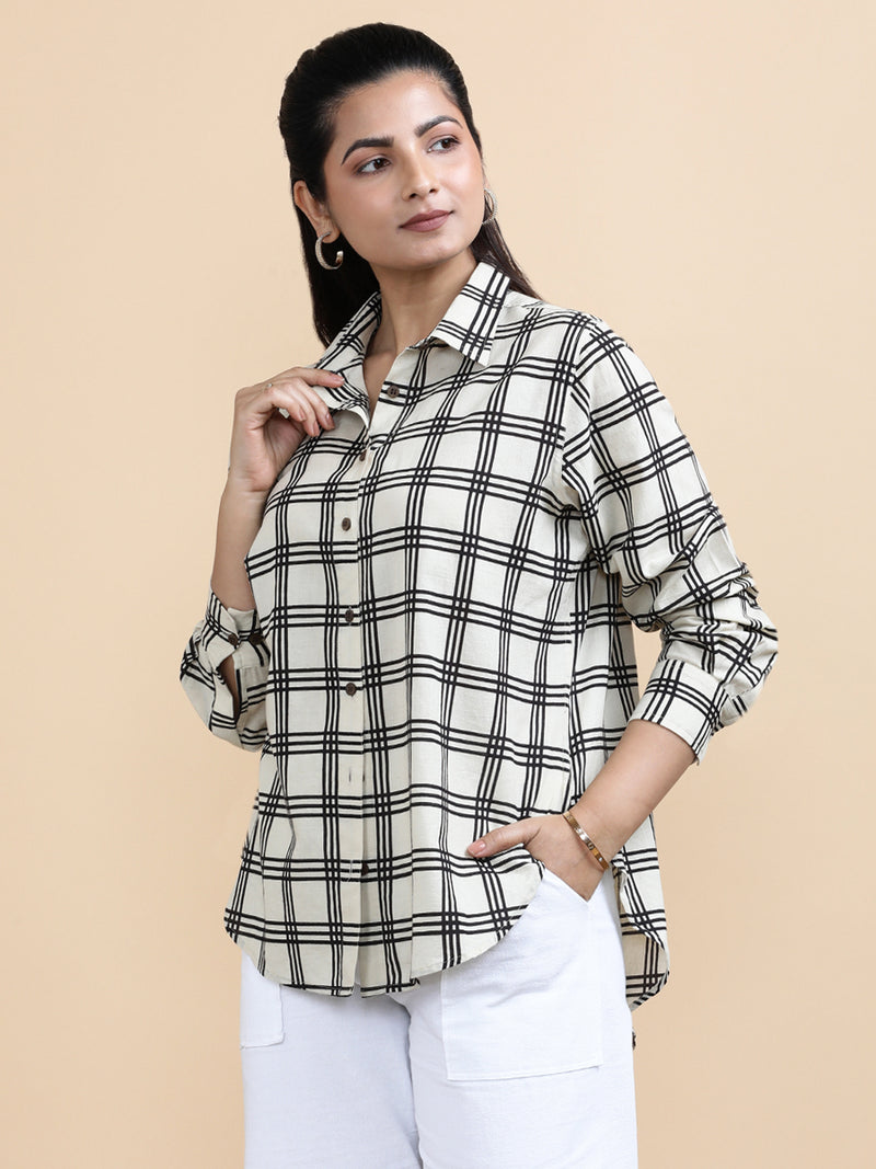 Chloe x Soma | Relaxed Women's Shirt in Cream Windowpane Check Block Print Cotton-Binks