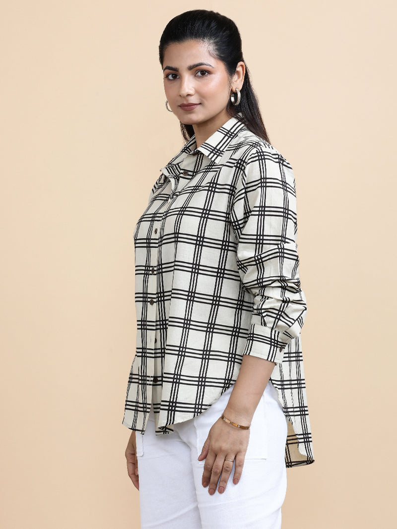 Chloe x Soma | Relaxed Women's Shirt in Cream Windowpane Check Block Print Cotton-Binks