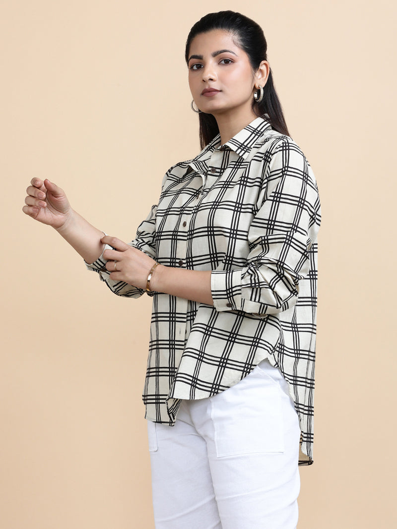 Chloe x Soma | Relaxed Women's Shirt in Cream Windowpane Check Block Print Cotton-Binks