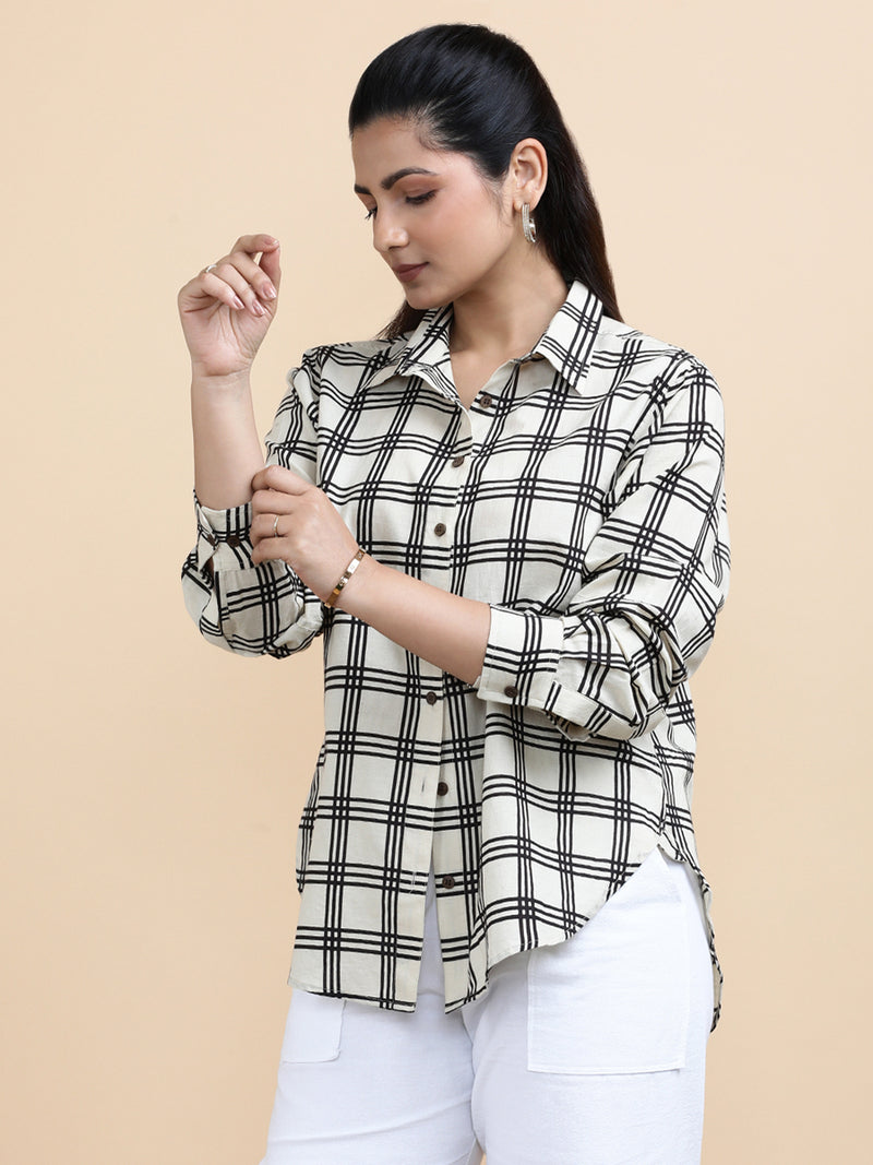 Chloe x Soma | Relaxed Women's Shirt in Cream Windowpane Check Block Print Cotton-Binks