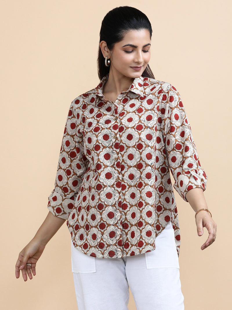 Dahlia x Soma | Relaxed Women's Shirt in Red Dahlia Block Print Cotton-Binks