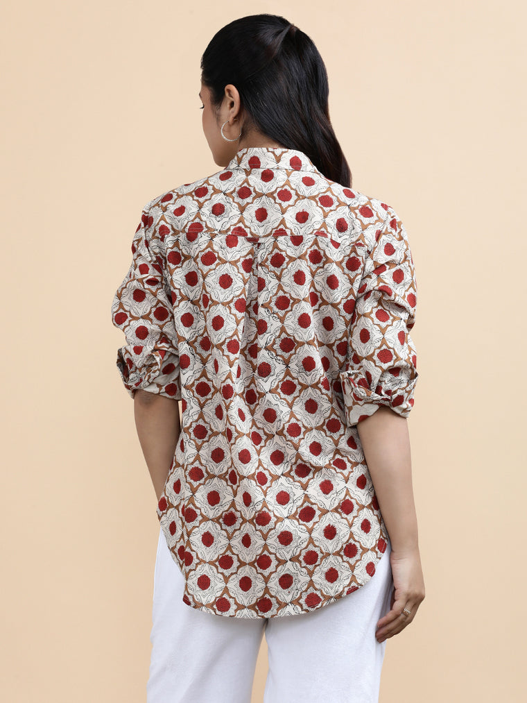 Dahlia x Soma Shirt, in Cream 100% Cotton, featuring full sleeves and regular collar neckline, made for daily & work (view 2).