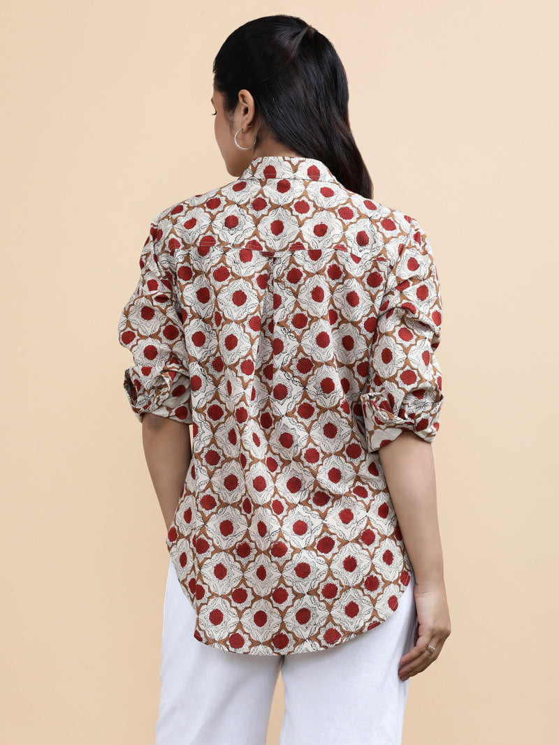 Dahlia x Soma | Relaxed Women's Shirt in Red Dahlia Block Print Cotton-Binks