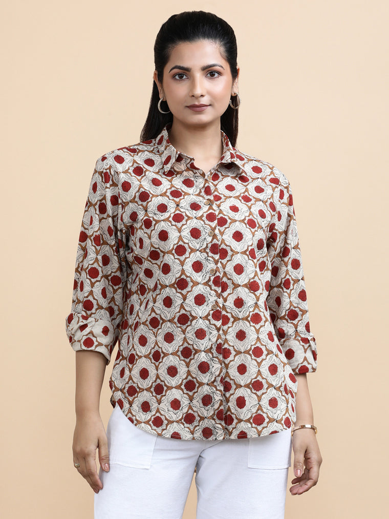 Dahlia x Soma Shirt, in Cream 100% Cotton, featuring full sleeves and regular collar neckline, made for daily & work (view 3).