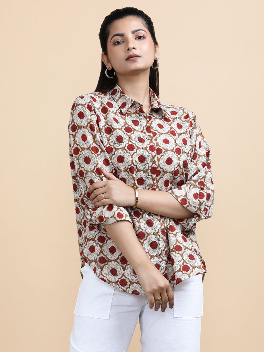 Dahlia x Soma Shirt, in Cream 100% Cotton, featuring full sleeves and regular collar neckline, made for daily & work (view 4).