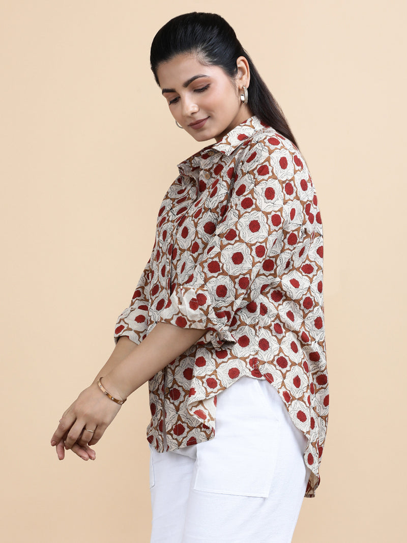 Dahlia x Soma | Relaxed Women's Shirt in Red Dahlia Block Print Cotton-Binks