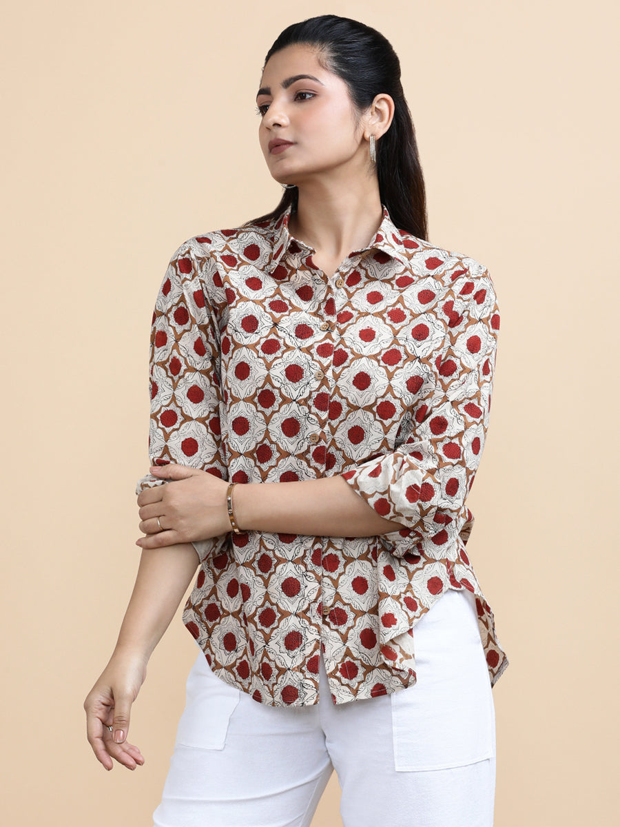 Dahlia x Soma Shirt, in Cream 100% Cotton, featuring full sleeves and regular collar neckline, made for daily & work (view 6).