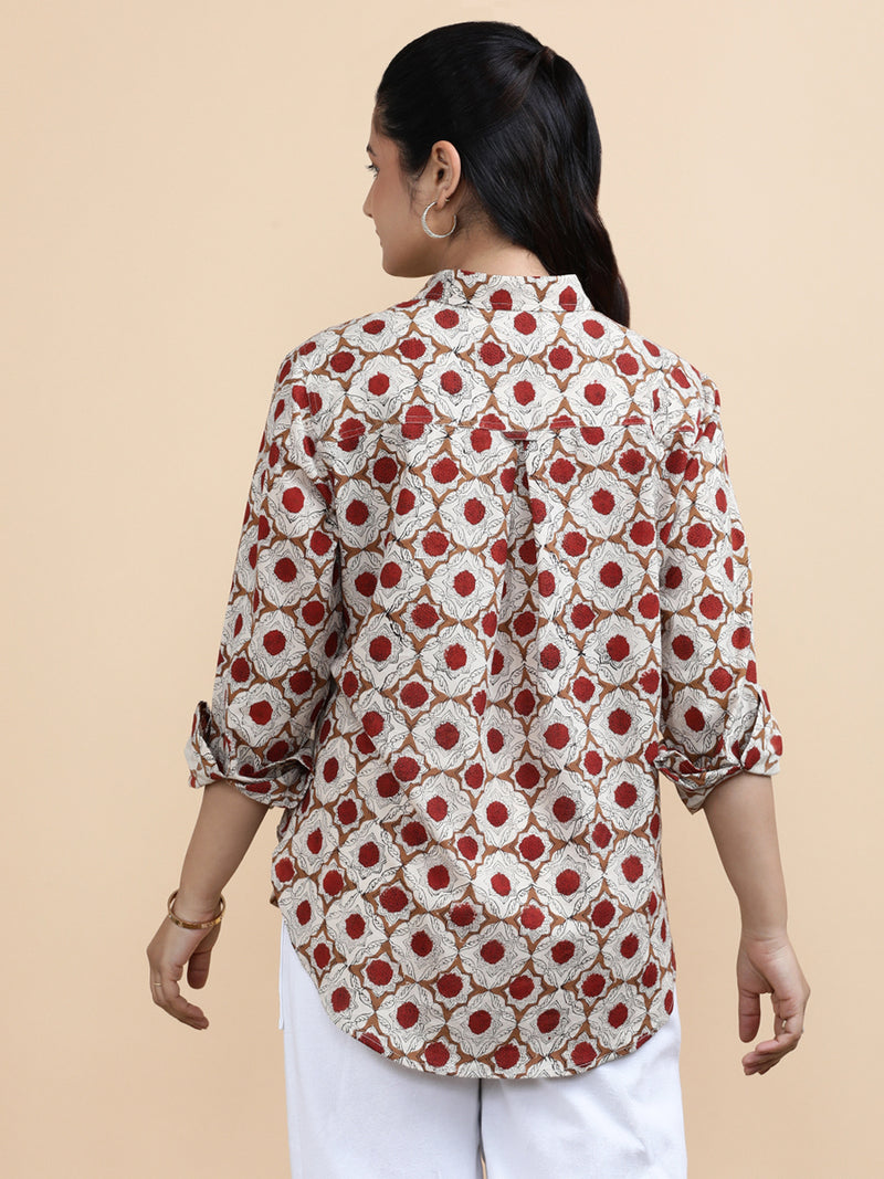 Dahlia x Soma | Relaxed Women's Shirt in Red Dahlia Block Print Cotton-Binks