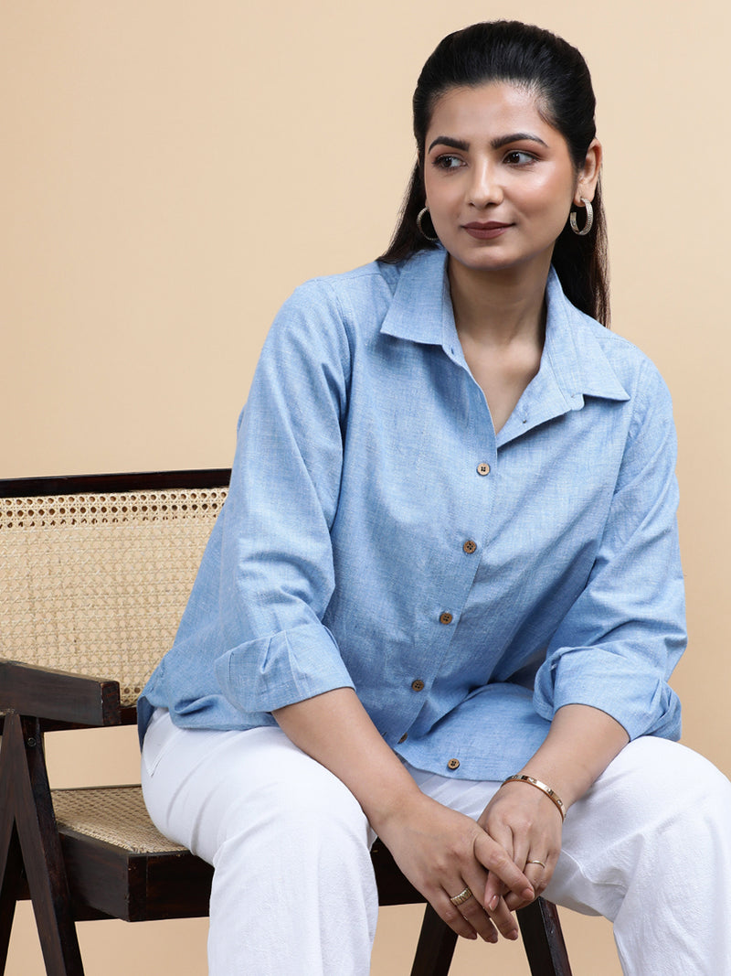 Ellie x Soma | Relaxed Women's Shirt in Sky Loom Handloom Khadi Cotton-Binks