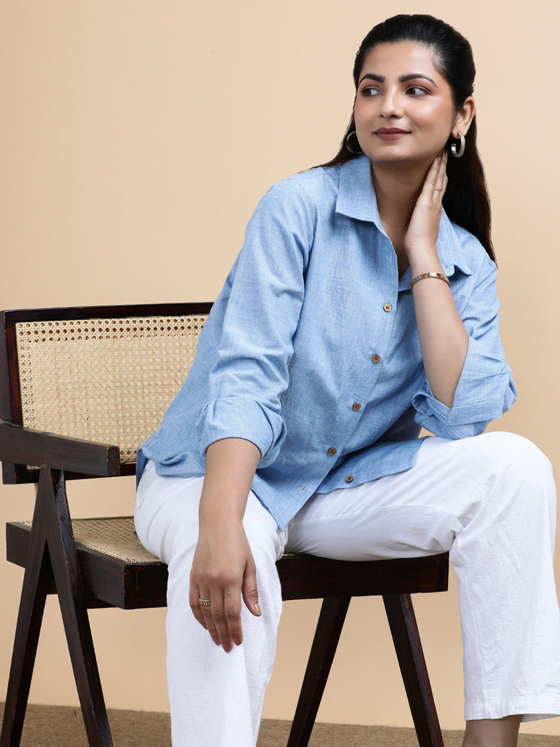 Ellie x Soma | Relaxed Women's Shirt in Sky Loom Handloom Khadi Cotton-Binks