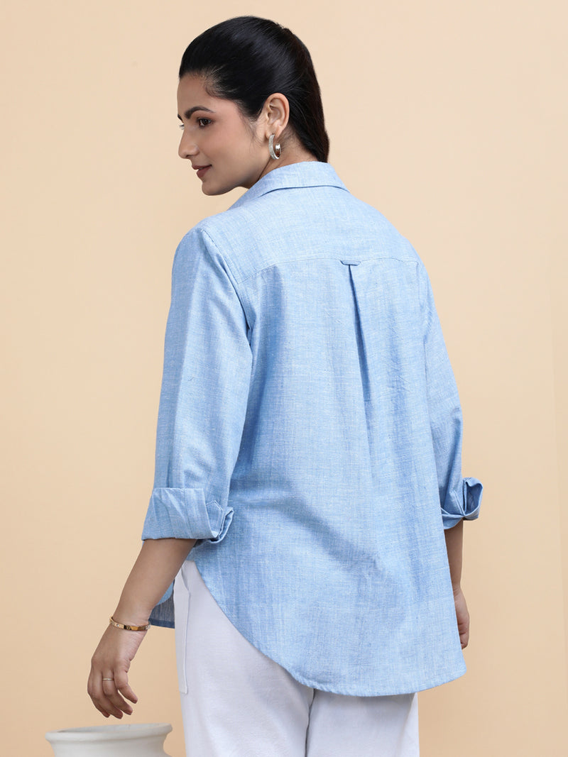 Ellie x Soma | Relaxed Women's Shirt in Sky Loom Handloom Khadi Cotton-Binks