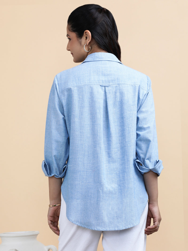 Ellie x Soma | Relaxed Women's Shirt in Sky Loom Handloom Khadi Cotton-Binks