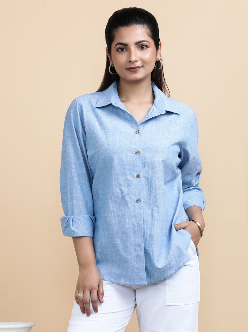 Ellie x Soma | Relaxed Women's Shirt in Sky Loom Handloom Khadi Cotton-Binks